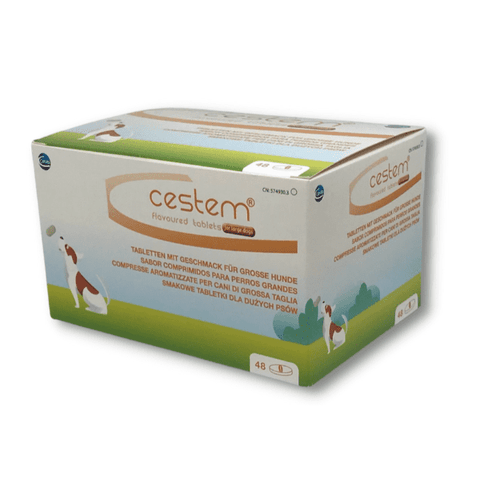 imagen lateral de la caja de comprimidos cestem de sabores para infestaciones mixtas en perros