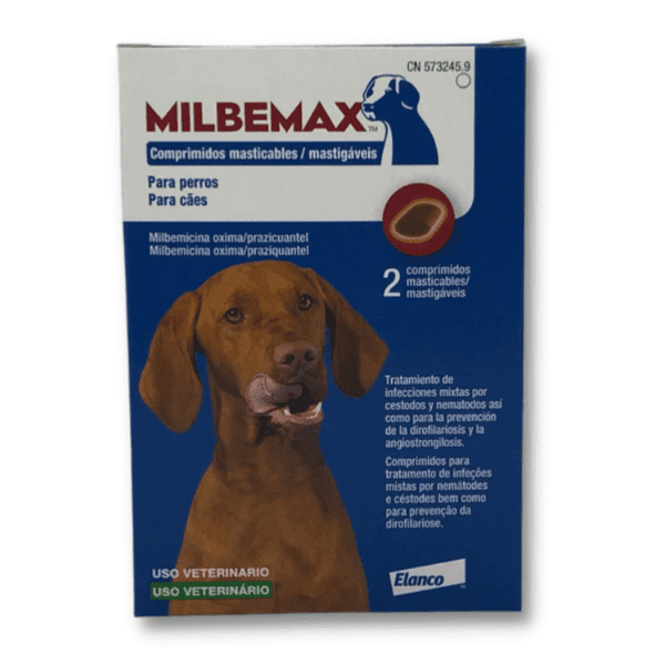 imagen frontal de la caja de comprimidos milbemax perros grandes