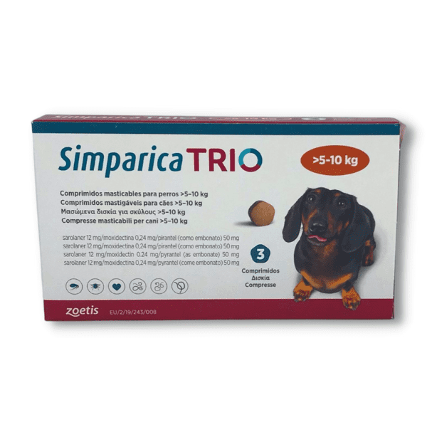 imagen de caja de simparica trio perros de hasta diez kilos de peso