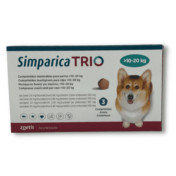 imagen de caja de simparica trio para perro de hasta veinte kilos de peso